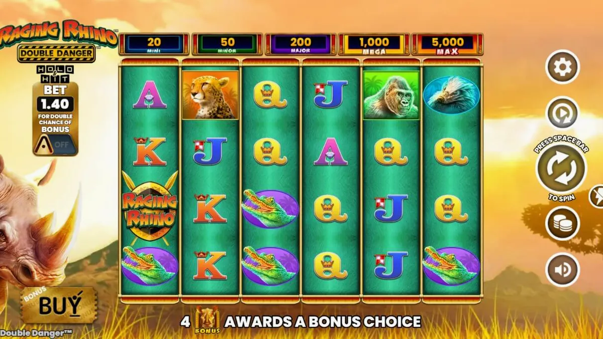 Interface do jogo Raging Rhino Double Danger com tema de savana