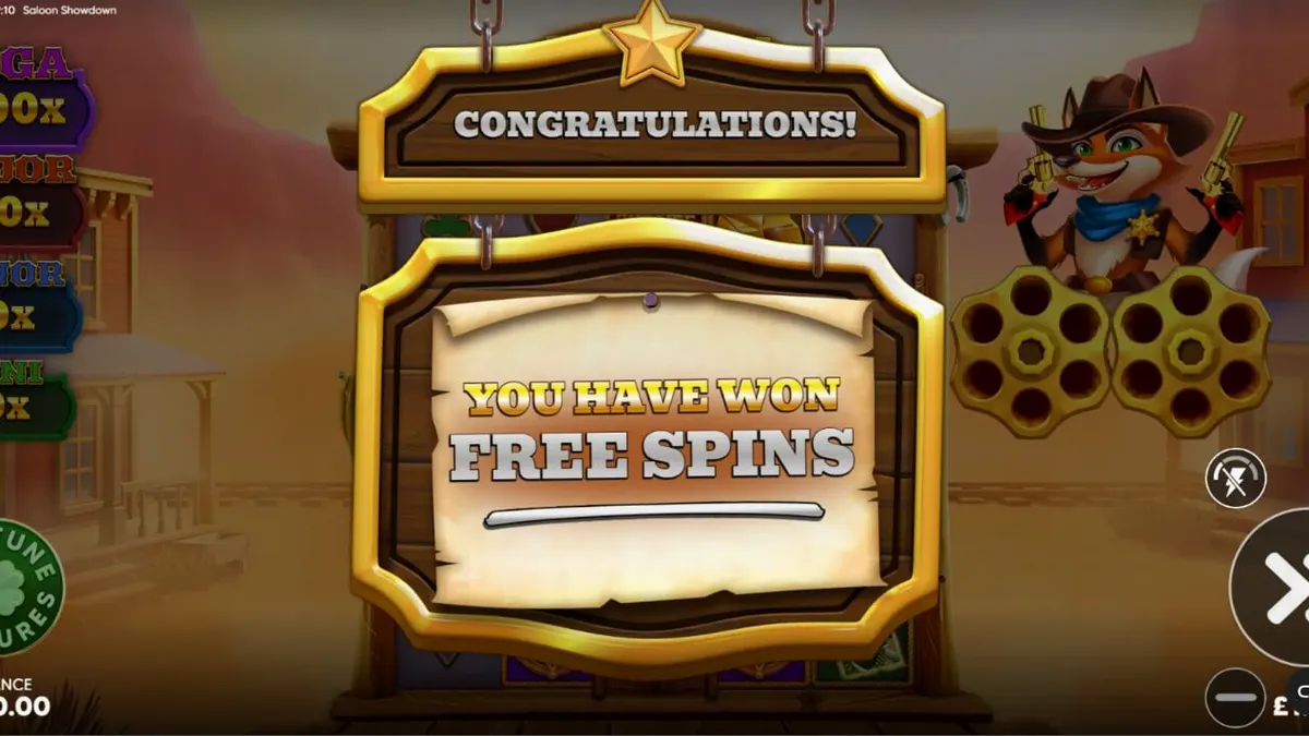 Cena vibrante do Velho Oeste no slot Saloon Showdown 10,000x com o xerife raposa.
